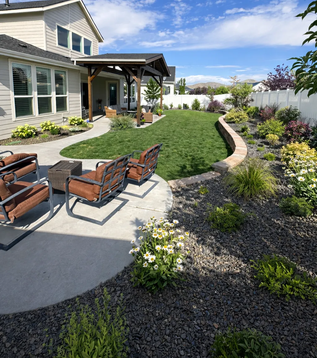 Backyard landscape with a curved concrete patio, lawn, a paver seat wall edge and layered planting beds beside a pergola