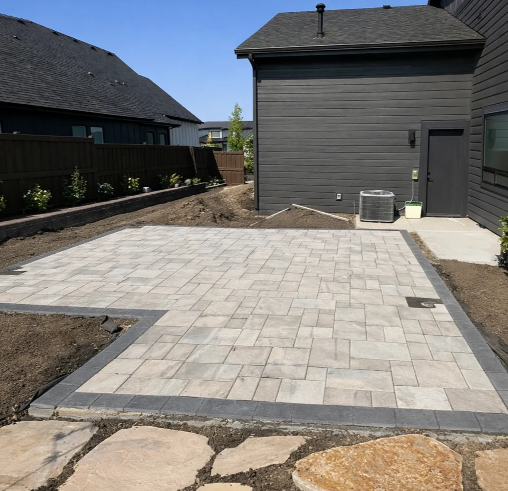 Belgard Dimensions Scandina large-format paver pad set beside a modern dark-sided home