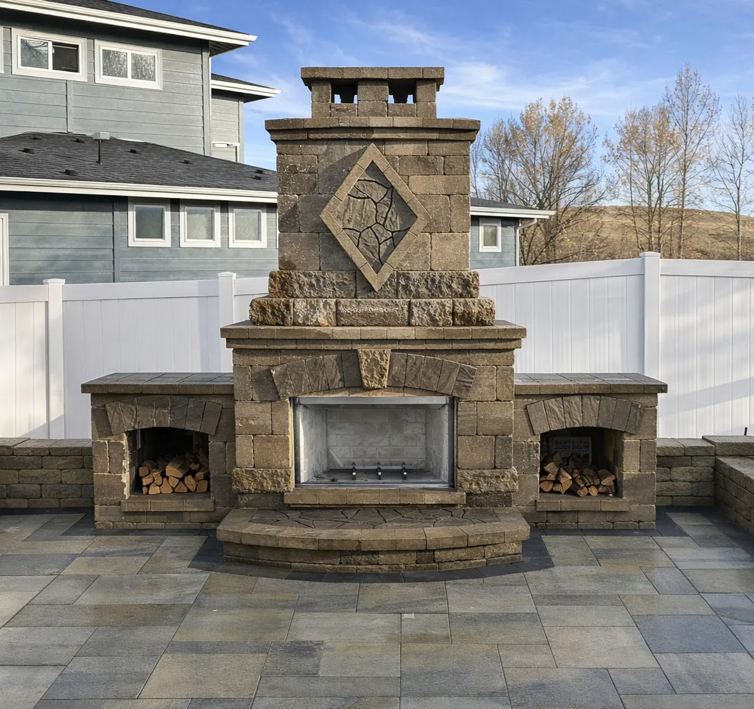 Belgard masonry outdoor fireplace with built-in wood storage on a large-format paver patio