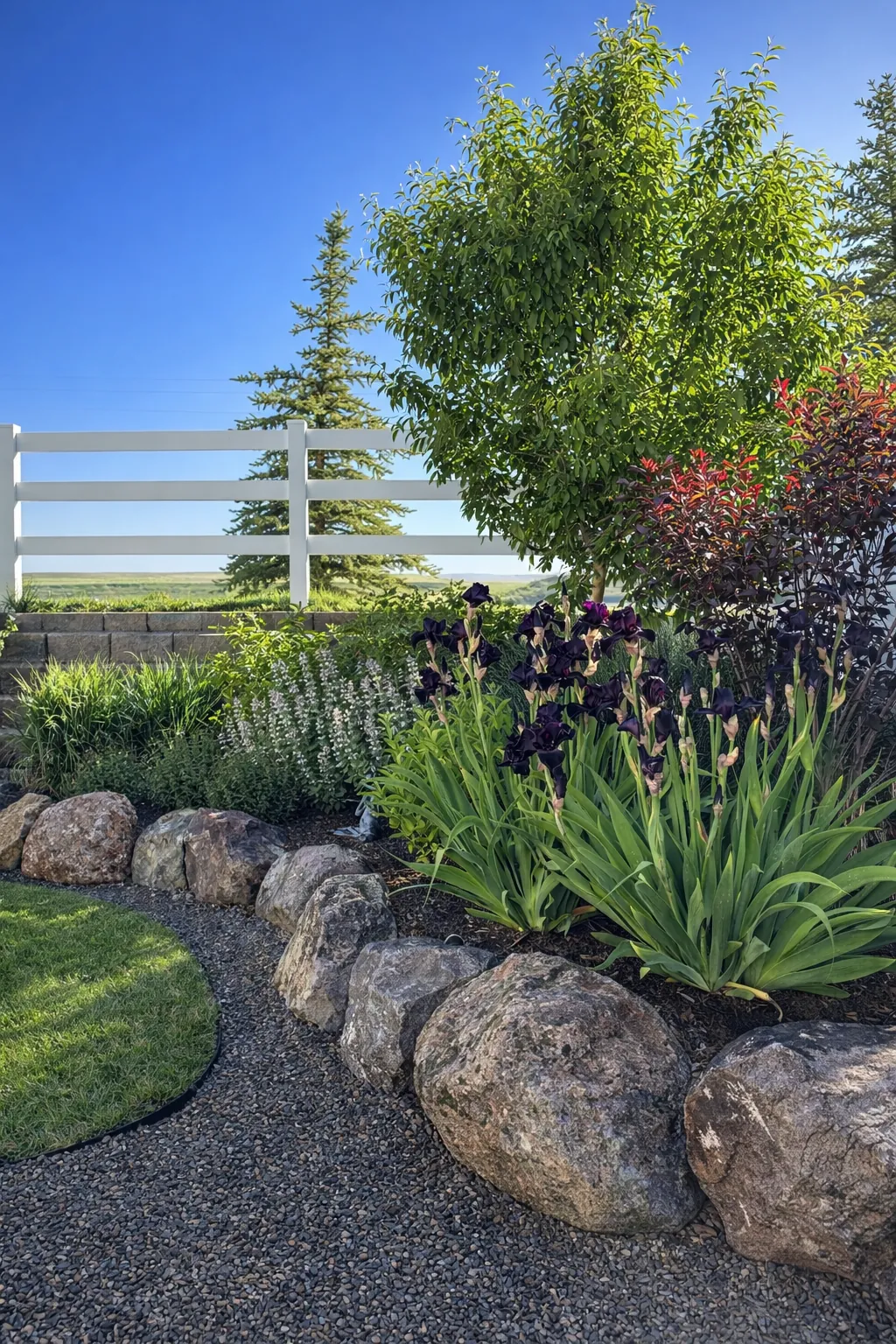 Boulder border holding layered perennials and shrubs along a curved lawn