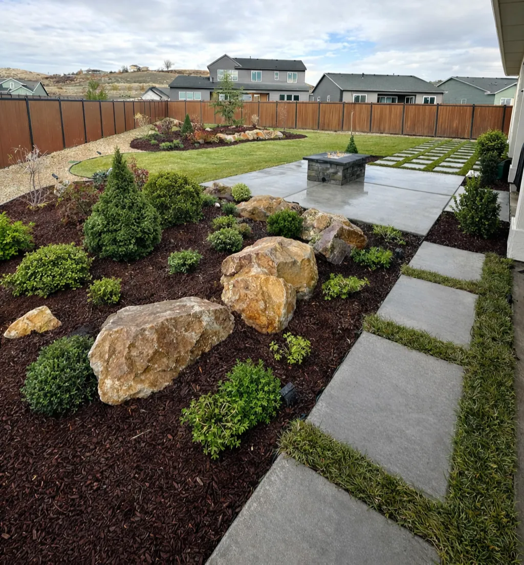 Concrete step pads with turf joints beside boulders and mulched planting beds