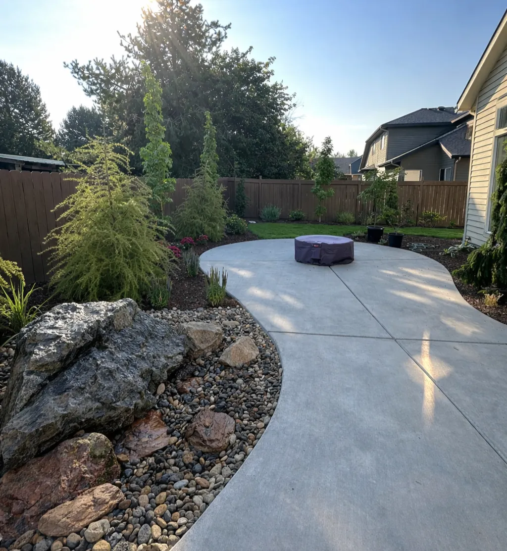 Curved concrete patio with a fire bowl, boulders and evergreen planting along a fence