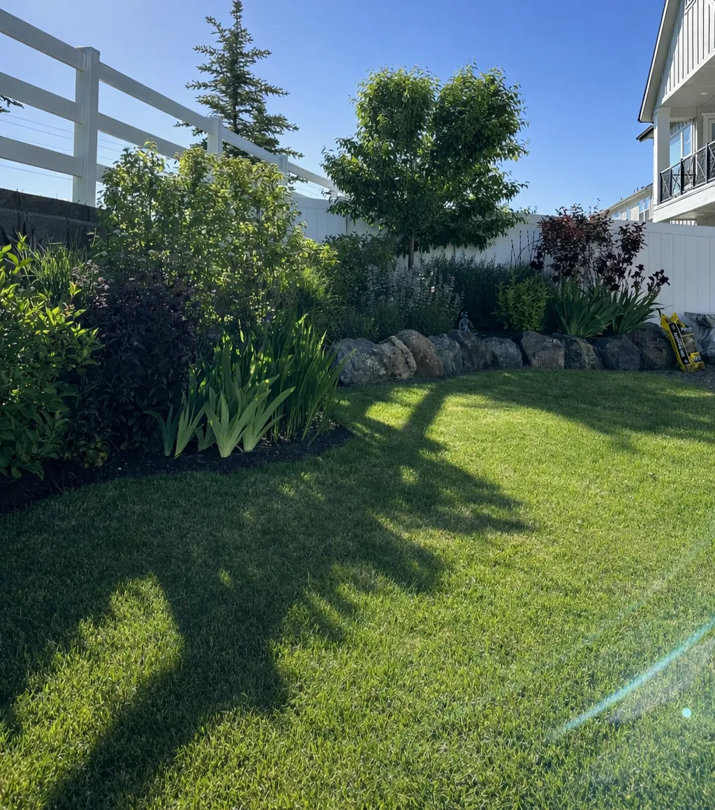 Dense shrub and perennial planting above a boulder edge and fresh lawn