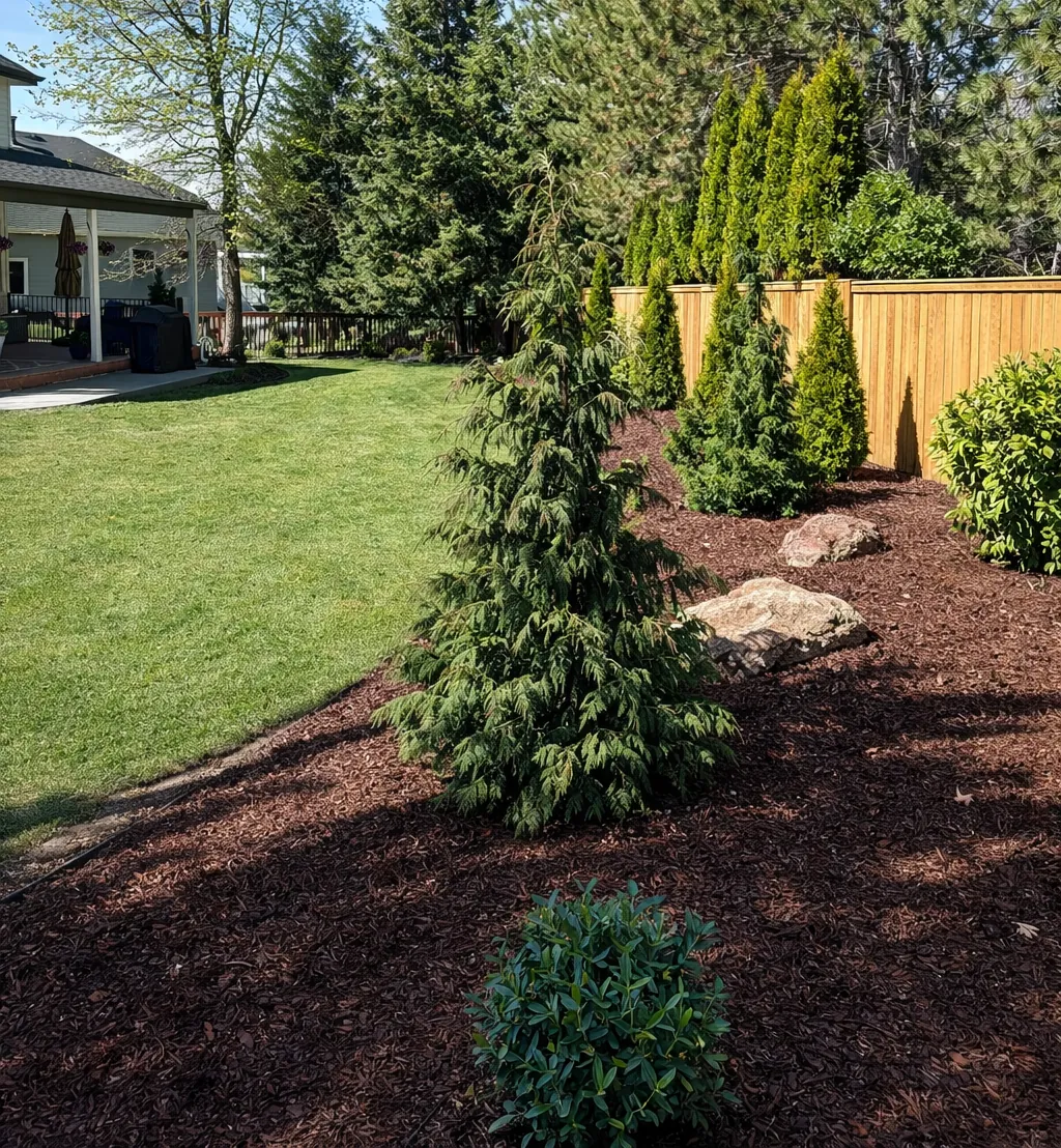 Evergreen and shrub planting in fresh mulch beds bordering a lawn and wood fence