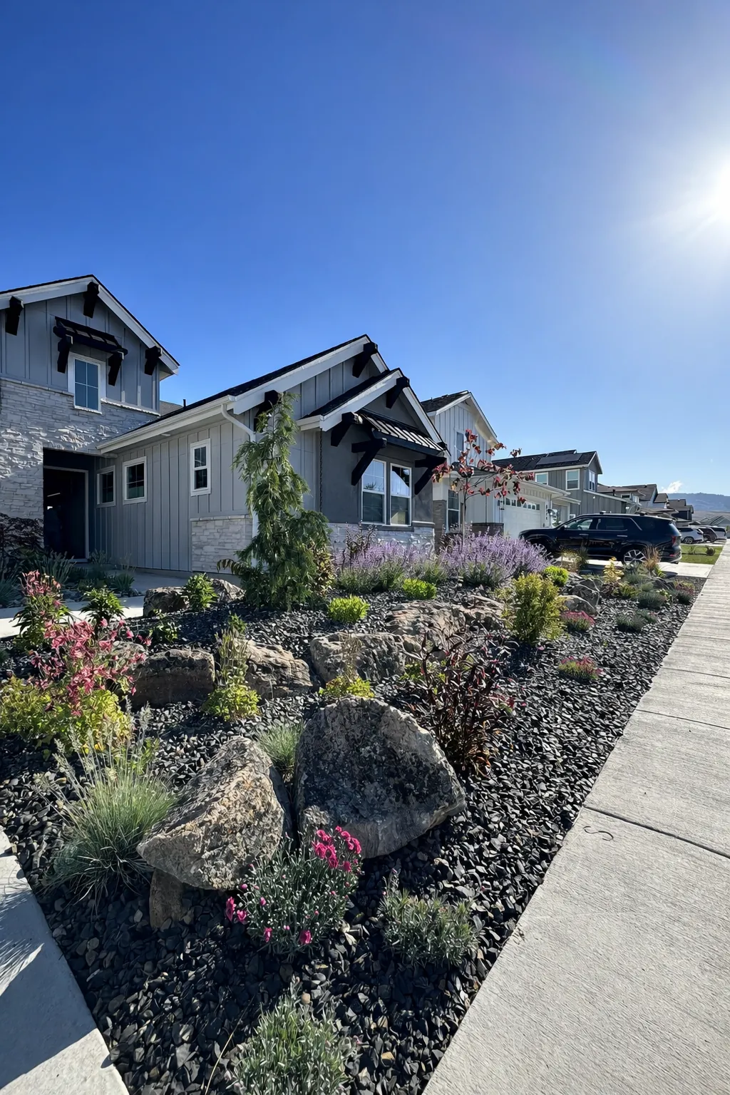 Front-yard rock garden with boulders, low-water plants and dark rock mulch along a sidewalk