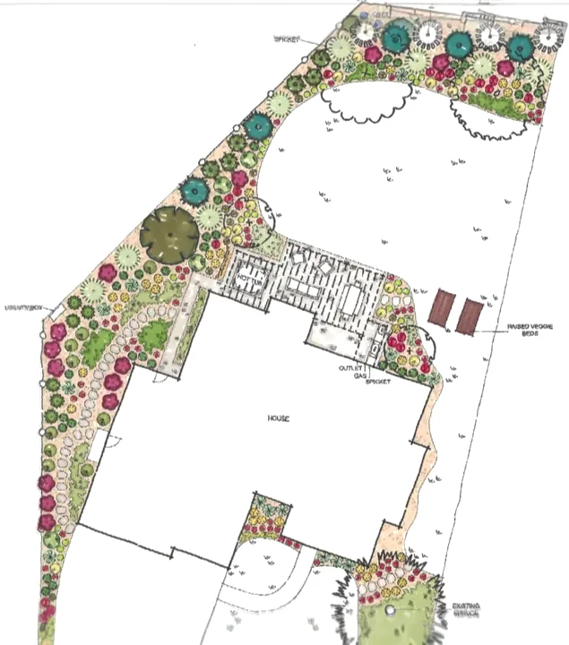 Hand-rendered landscape plan showing layered planting around a home and patio