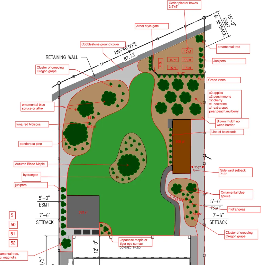 Scaled 2D landscape site plan with labeled planting, retaining wall, setbacks and easements