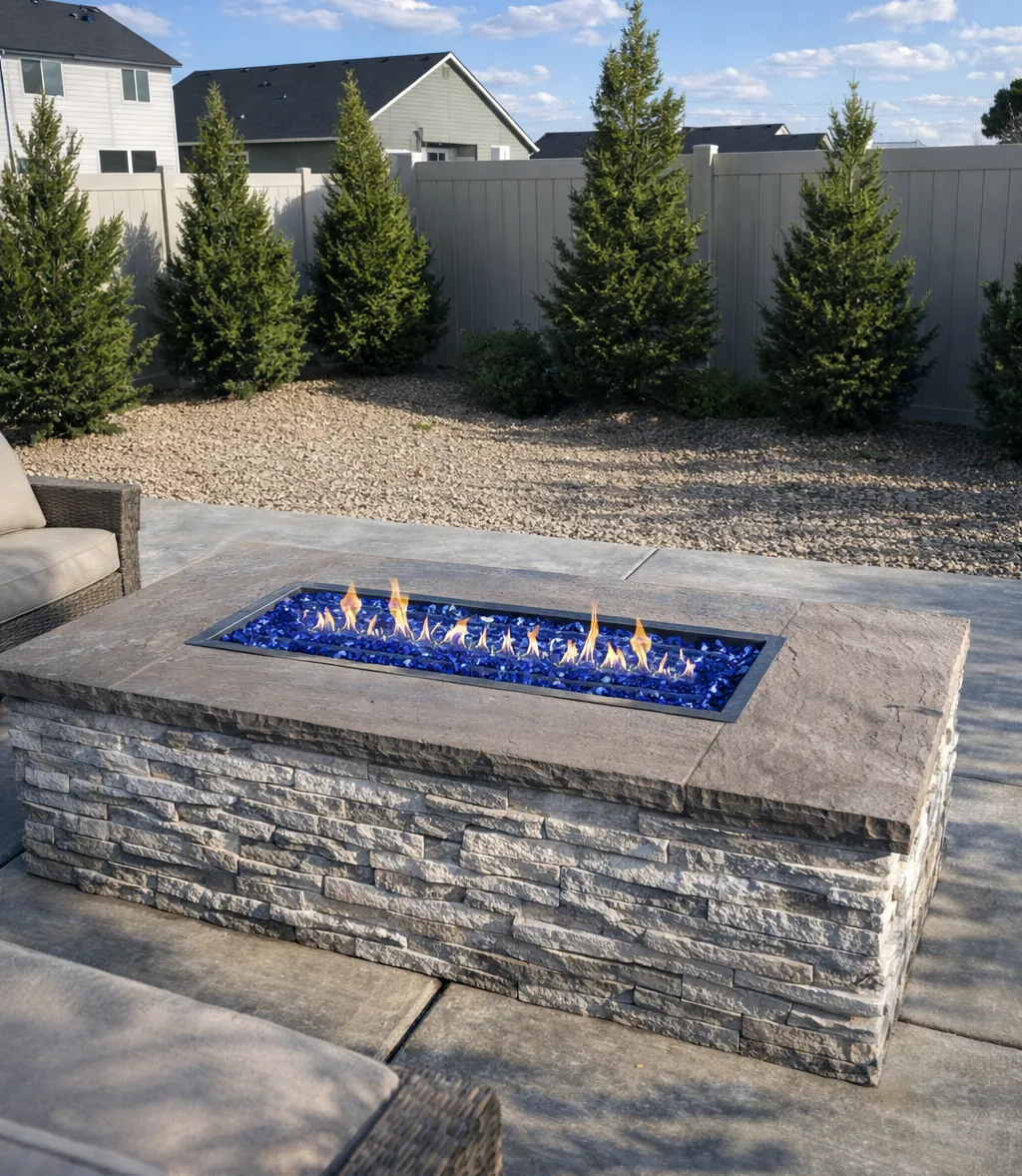 Linear gas fire pit wrapped in natural ledgestone with blue fire glass